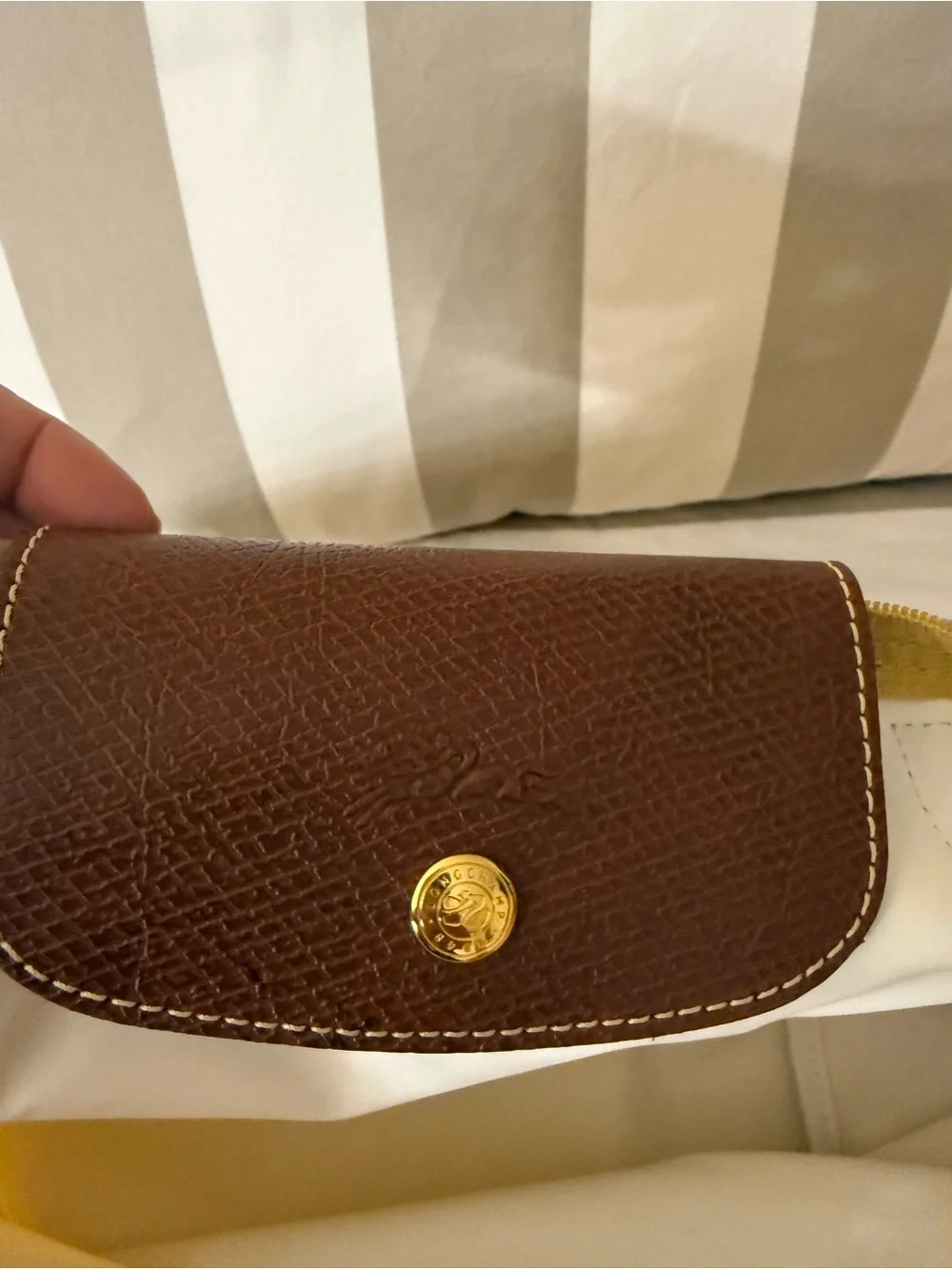 Longchamp Nylon Tote in Mustard Yellow with Brown Leather Trim
